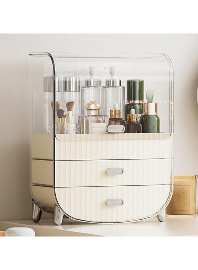 Clear Foldable Cosmetic Organizer Box with Desktop Storage Drawer and Lipstick Holder - Cream White - Image 1